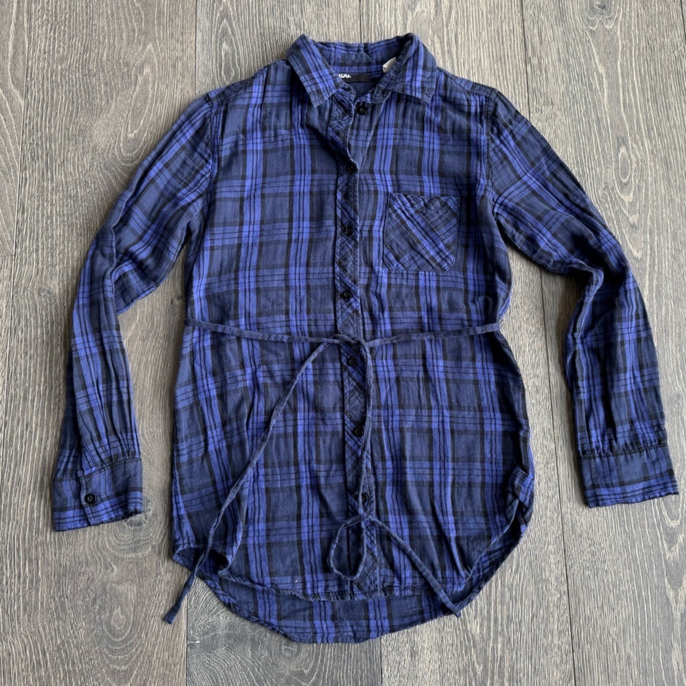 BDG Plaid Buttondown Tunic with Tie Size XS in Blue